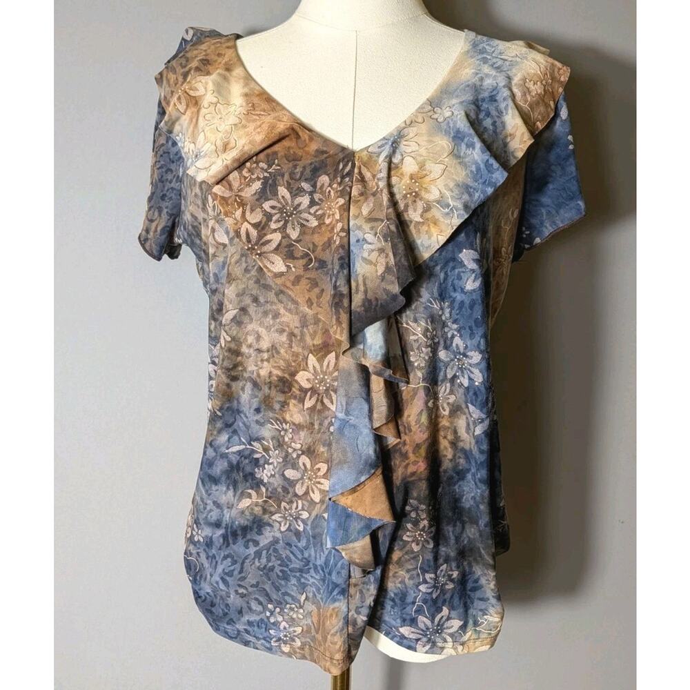 Dressbarn Medium Ruffle Floral Tie Dye Blouse Blue Brown Romantic Top Y2K 90's